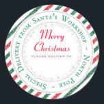 Santa's Workshop, North Pole - Leverera till: Runt Klistermärke<br><div class="desc">En fantastisk vintage-flygpost med stil glitter gräns-dekal med rött och grönt rand för denna julhelg. Det finns plats för handskrivning i dina mottagare namn. Matchande artiklar i min butik.</div>