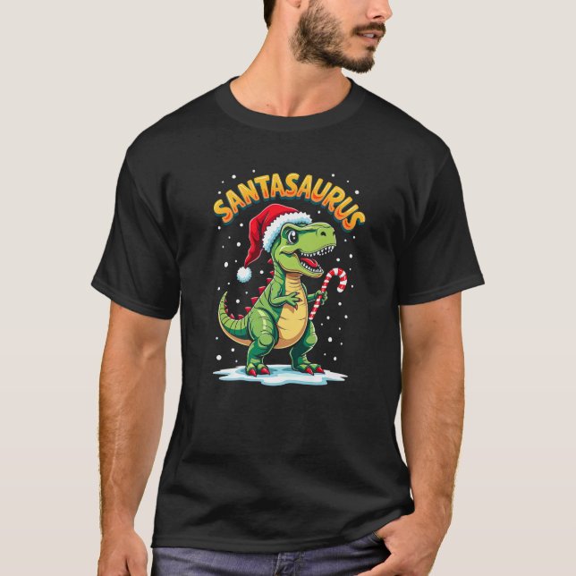 Santasaurus Rex Funny Dinosaur xmas Santa Hat Cand T Shirt (Framsida)