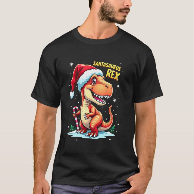 Santasaurus Rex Funny Dinosaur xmas Santa Hat Cand T Shirt (Framsida)
