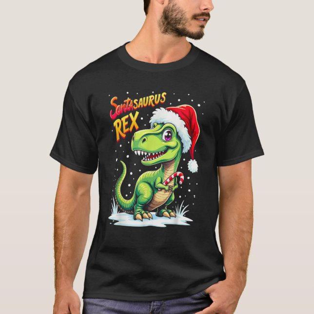 Santasaurus Rex Funny Dinosaur xmas Santa Hat Cand T Shirt (Framsida)