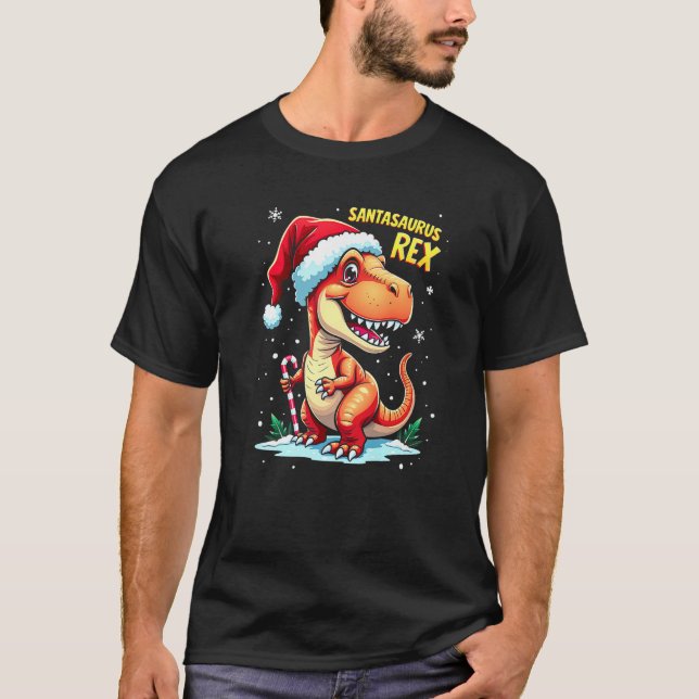 Santasaurus Rex Funny Dinosaur xmas Santa Hat Cand T Shirt (Framsida)