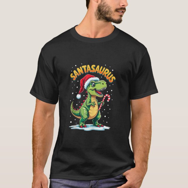 Santasaurus Rex Funny Dinosaur xmas Santa Hat Cand T Shirt (Framsida)