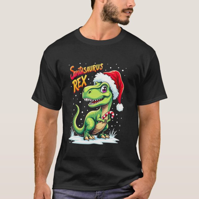Santasaurus Rex Funny Dinosaur xmas Santa Hat Cand T Shirt (Framsida)