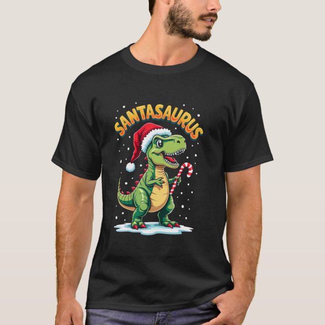 Santasaurus Rex Funny Dinosaur xmas Santa Hat Cand T Shirt (Framsida)
