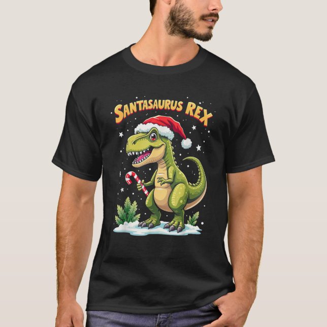 Santasaurus Rex Funny Dinosaur xmas Santa Hat Cand T Shirt (Framsida)