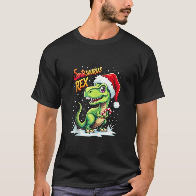 Santasaurus Rex Funny Dinosaur xmas Santa Hat Cand T Shirt (Framsida)