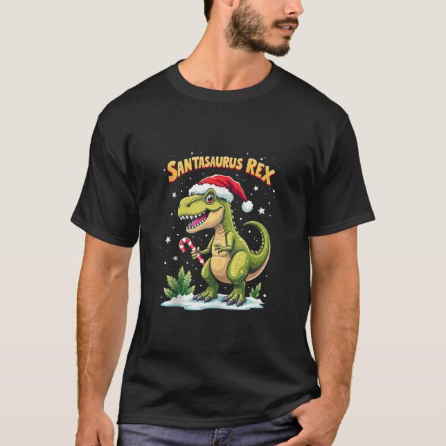 Santasaurus Rex Funny Dinosaur xmas Santa Hat Cand T Shirt (Framsida)