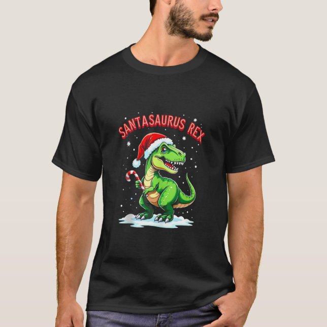 Santasaurus Rex Rolig Dinosaur jul Santa Hatt Godi T Shirt (Framsida)