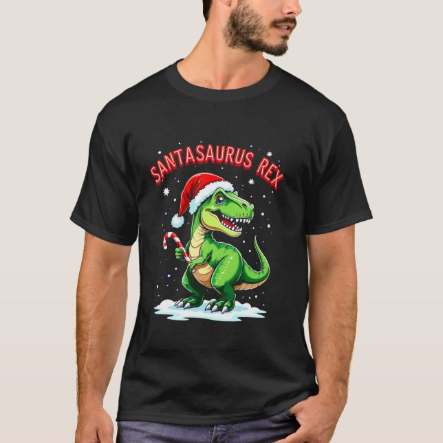 Santasaurus Rex Rolig Dinosaur jul Santa Hatt Godi T Shirt (Framsida)