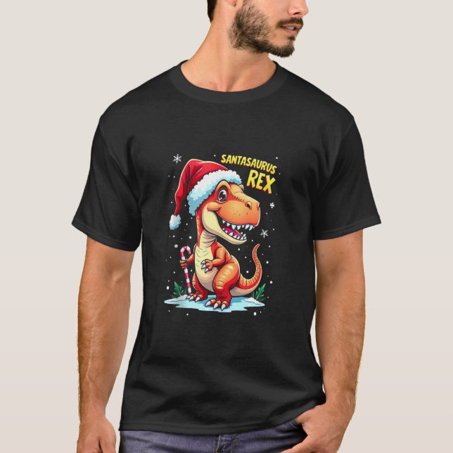 Santasaurus Rex Rolig Dinosaur jul Santa Hatt Godi T Shirt (Framsida)