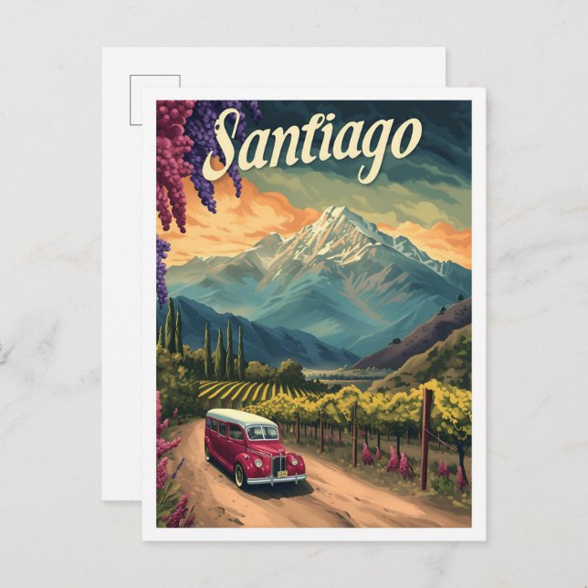 Santiago Chile Artistic Travel Illustration Vykort (Fram/baksida)