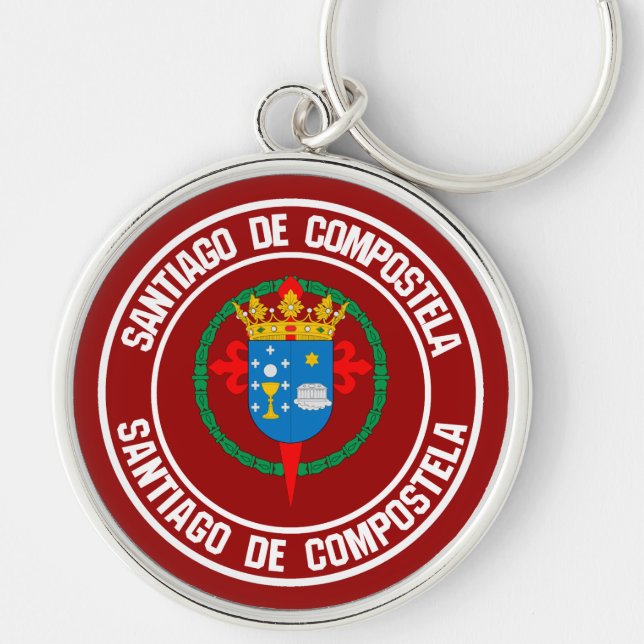 Santiago de Compostela Round Emblem Rund Silverfärgad Nyckelring (Framsidan)