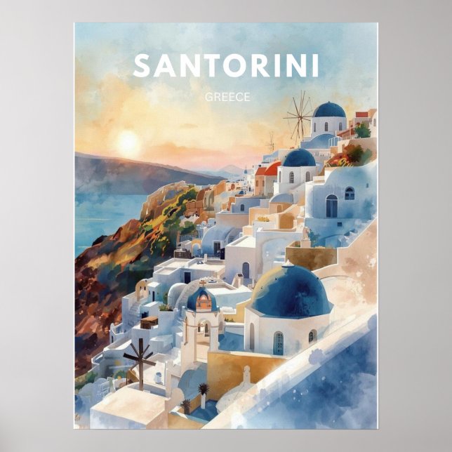 Santorini Akvarell Illustration Resa Poster (Framsidan)