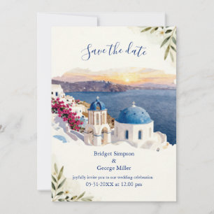 Santorini Blå Akvarell Destination Bröllop Inbjudningar