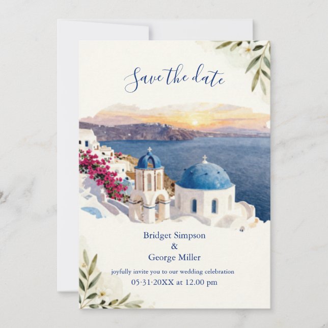 Santorini Blå Akvarell Destination Bröllop Inbjudningar (Framsida)