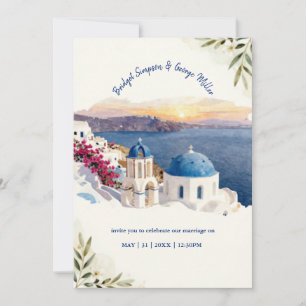 Santorini Blå Akvarell Destination Bröllop Inbjudningar