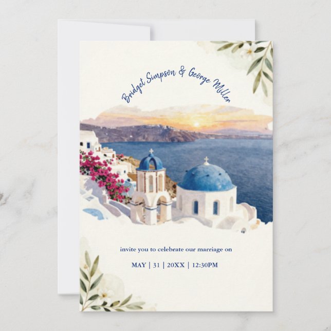 Santorini Blå Akvarell Destination Bröllop Inbjudningar (Framsida)
