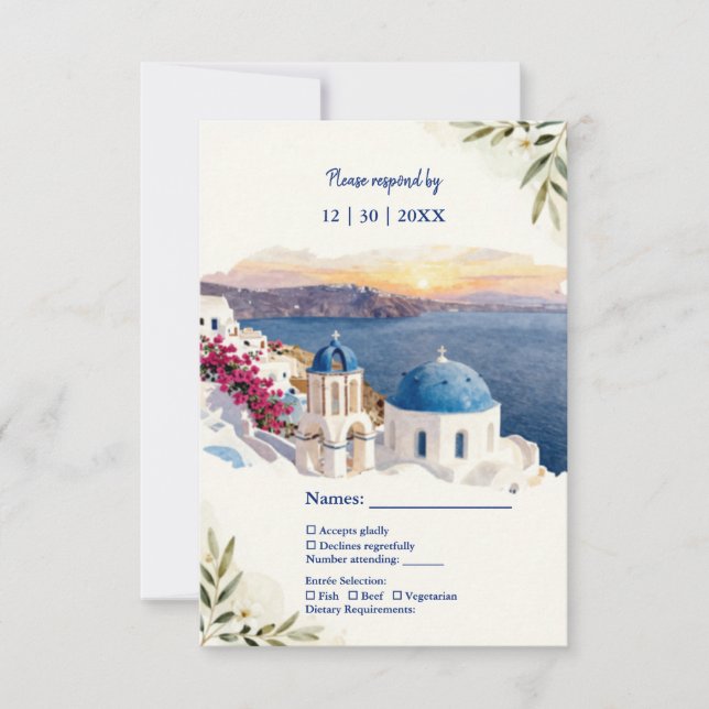 Santorini Blå Akvarell Destination Bröllop OSA Kort (Framsida)
