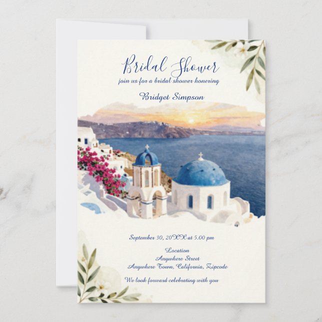 Santorini Blå Bröllopsdusch Inbjudningar (Framsida)
