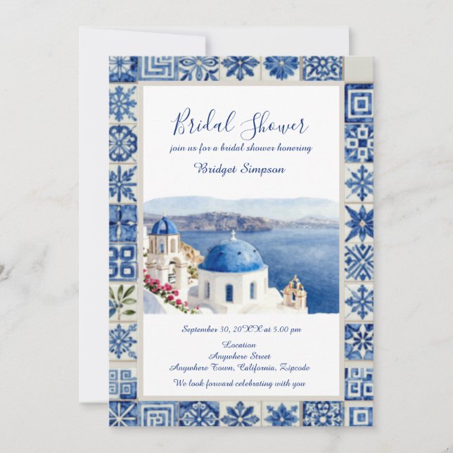 Santorini Blå Kakel  Bröllopsdusch destination Inbjudningar (Framsida)