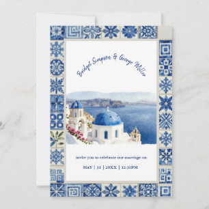 Santorini Blå Kakel Vattenfärg Destination Bröllop Inbjudningar