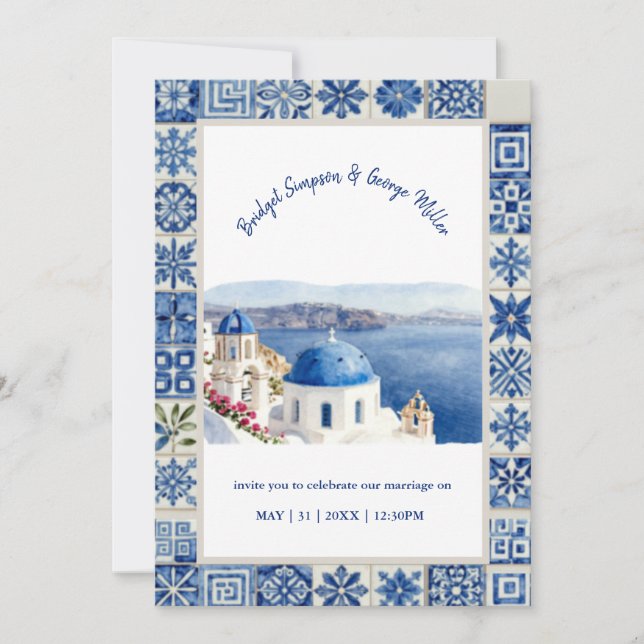 Santorini Blå Kakel Vattenfärg Destination Bröllop Inbjudningar (Framsida)