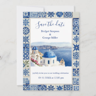 Santorini Blå Kakel Vattenfärg Destination Bröllop Inbjudningar