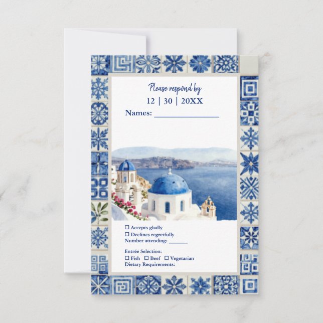 Santorini Blå Kakel Vattenfärg Destination Bröllop OSA Kort (Framsida)