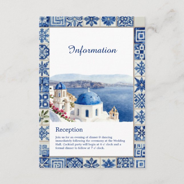 Santorini Blå Kakel Vattenfärg Destination Bröllop Tilläggskort (Framsida)