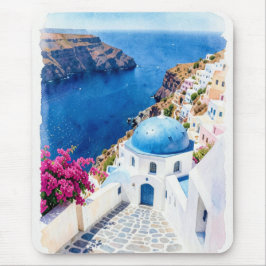 Santorini Blå Kuppels Vattenfärg Poster Musmatta