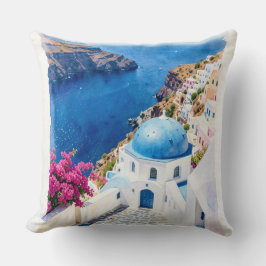 Santorini Blå Kuppols Akvarell Poster Kudde