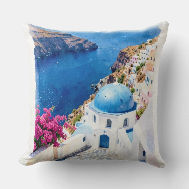 Santorini Blå Kuppols Akvarell Poster Kudde (Framsida)