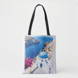 Santorini Blå Kuppols Akvarell Poster Tygkasse