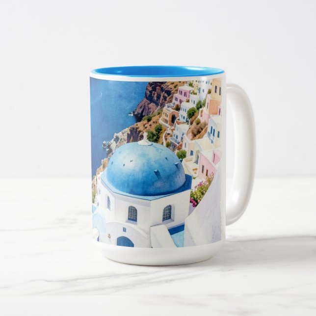 Santorini Blå Kuppols Vattenfärg Poster Två-Tonad Mugg (Framsida höger)