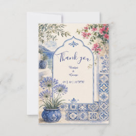Santorini blomsterblå kakel akvarell bröllop tack kort