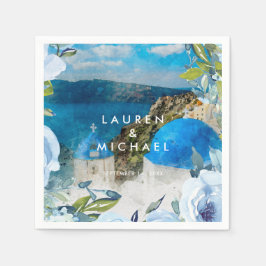 Santorini blue blommigt sommartorsk bröllop pappersservett