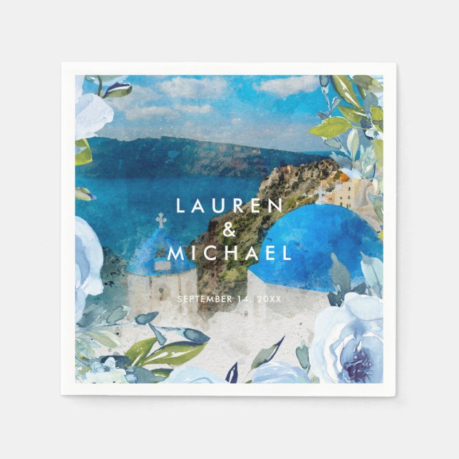Santorini blue blommigt sommartorsk bröllop pappersservett (Framsidan)