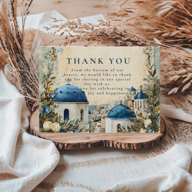 Santorini Blue Dome Botanical Destination Wedding Tack Kort (Skapare uppladdad)