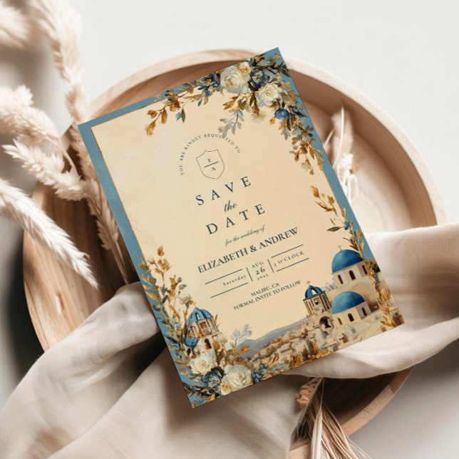 Santorini Blue Dome Botanical Elegance Spara Datumet (Skapare uppladdad)