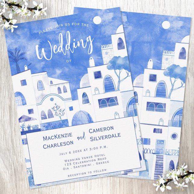 Santorini Bröllop Inbjudningar (Santorini blue and white watercolor painting on a wedding invitation)
