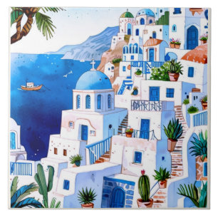 Santorini by Sea, Greece Blue Watercolor Greece Kakelplatta