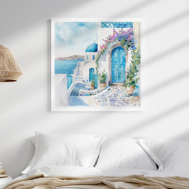 Santorini Church Beach Coastal Wall Art Poster (Santorini Church Beach Coastal Wall Art in a neutral coastal boho bedreoom in a white frame.)