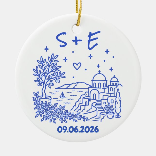 Santorini Destination Bröllop Initialer & Datum Julgransprydnad Keramik (Framsidan)