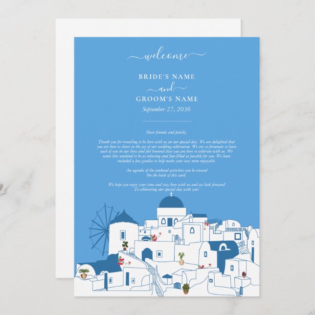 Santorini Destination Greece Wedding Itinerary Program (Fram/baksida)