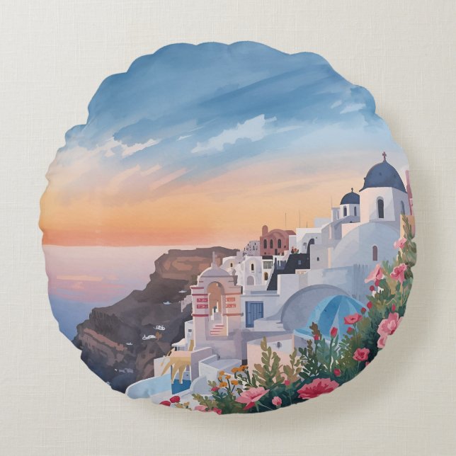 Santorini fantastisk solnedgångsutsikt rund kudde (Framsidan)