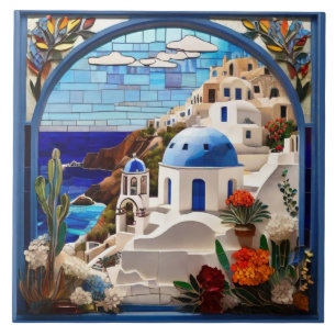 Santorini Faux Stached Glass Arch, Grekland Kakelplatta