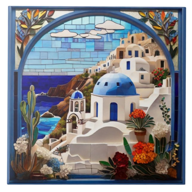 Santorini Faux Stached Glass Arch, Grekland Kakelplatta (Framsidan)
