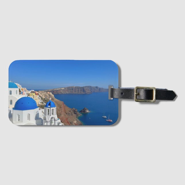 Santorini Greece Blue Domed Church Photograph Bagagebricka (Framsida horisontal)