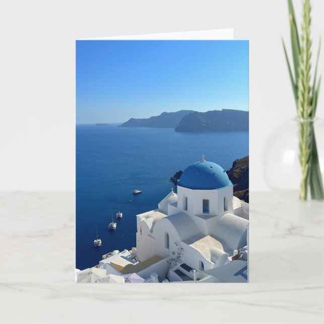 Santorini Greece Blue Domed Church Photograph Kort (Framsida)