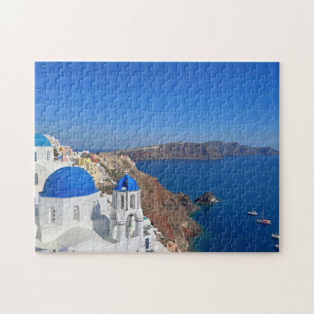 Santorini Greece Blue Domed Church Photograph Pussel (Horisontell)